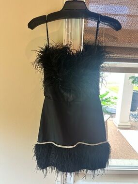 Black Feather-Trim Mini Dress with Rhinestone Waist Accent